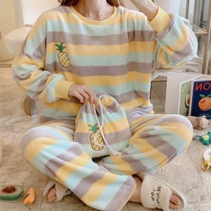 파인애플 긴팔 긴바지 수면 잠옷 파우치 세트 귀여운 단가라 파자마 따뜻한 루즈핏 홈웨어